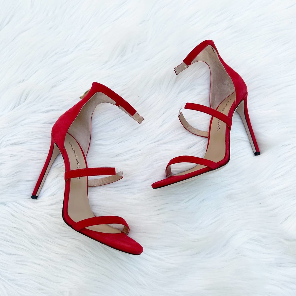 Tamara Mellon Reverse Frontline 105 Red Suede Heeled Sandals Women's Size 37.5 - Picture 2 of 11